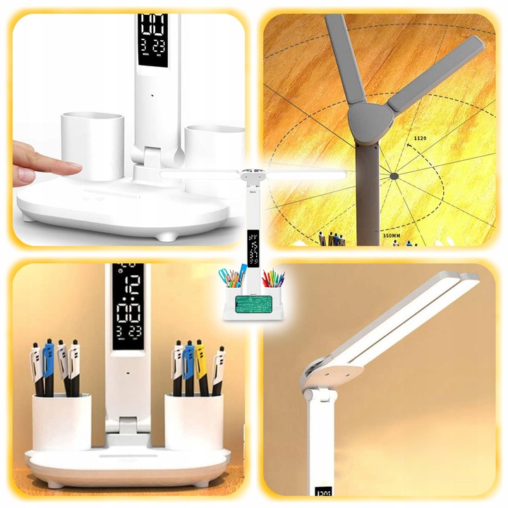 PODWÓJNA LAMPKA BIURKOWA LED Z ORGANIZEREM WYŚWIETLACZEM TEMP ZEGAR