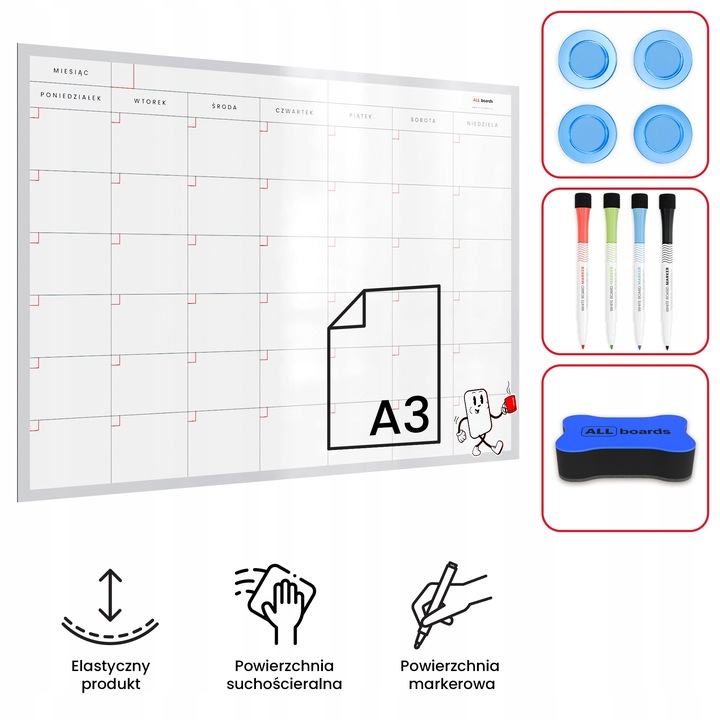 Tablica na lodówkę A3 Planer miesięczny magnetyczny suchościeralny + GRATIS