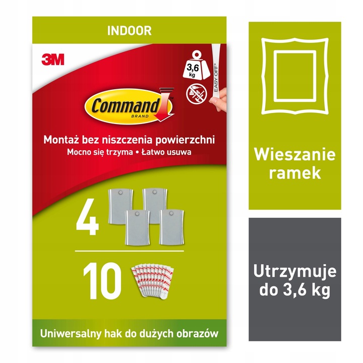 Command haczyk do wieszania dużych obrazów do 3,6 kg, 4 sztuki + 10