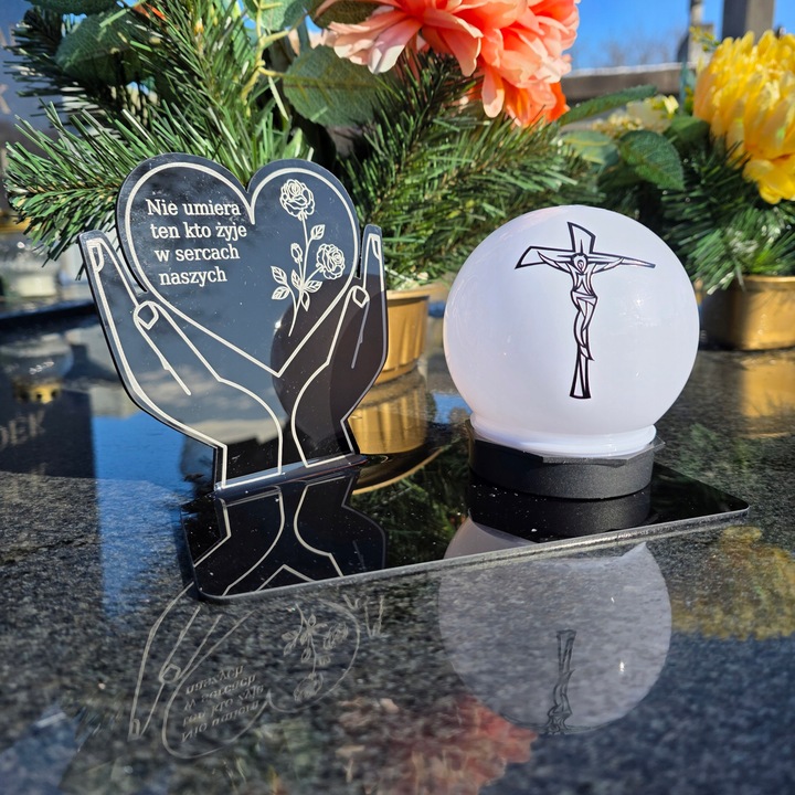 ZNICZ z Kulą Solarną na Grób STATUETKA LED NA CMENTARZ Wieczny Szkło Akryl