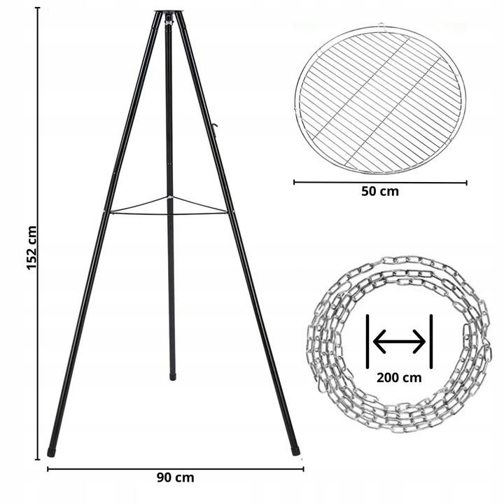 GRILL TRÓJNÓG NA OGNISKO OGRODOWY Z RUSZTEM DO PALENISK 60 CM WYSOKOŚĆ