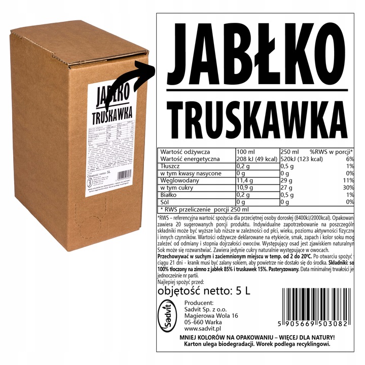 Sok jabłko truskawka 100% tłoczony z truskawek NFC 5L = 20 szklanek