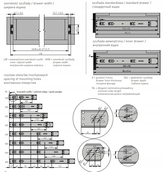 VERSALITE PLUS + prowadnica meblowa kulkowa 40 KG - 45 x 500 x 12,7 mm