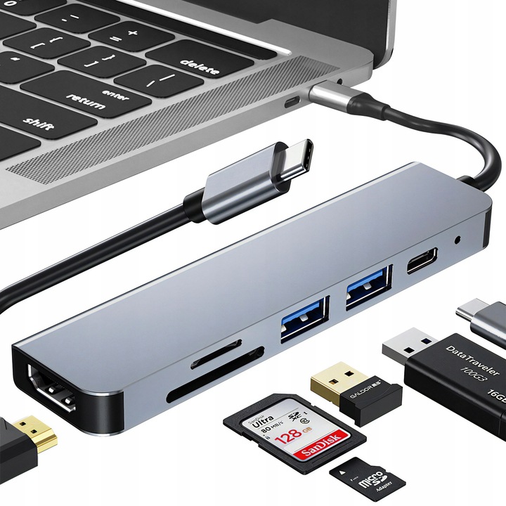HUB USB ADAPTER 6W1 ROZDZIELACZ ROZGAŁĘŹNIK USB-C 2X USB 2.0 3.0 HDMI PD SD