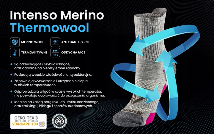 SKARPETY TREKKINGOWE Z WEŁNY MERYNOSÓW 90% MERINO WEŁNA TERMOAKTYWNE DŁ.3/4