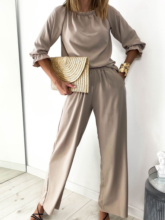 Komplet damski spodnie OVERSIZE kieszenie bluzka hiszpanka lekki S/M