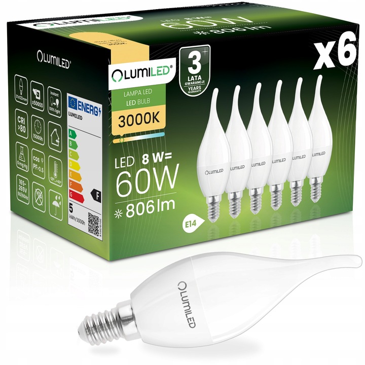 6x Żarówka LED E14 PŁOMYK 8W = 60W 3000K Ciepła Biała Świeca CCD NIE