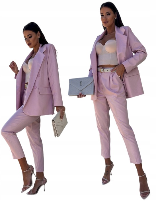 KOMPLET DAMSKI ELEGANCKI GARNITUR ŻAKIET I SPODNIE KLASYCZNY RÓŻOWY M