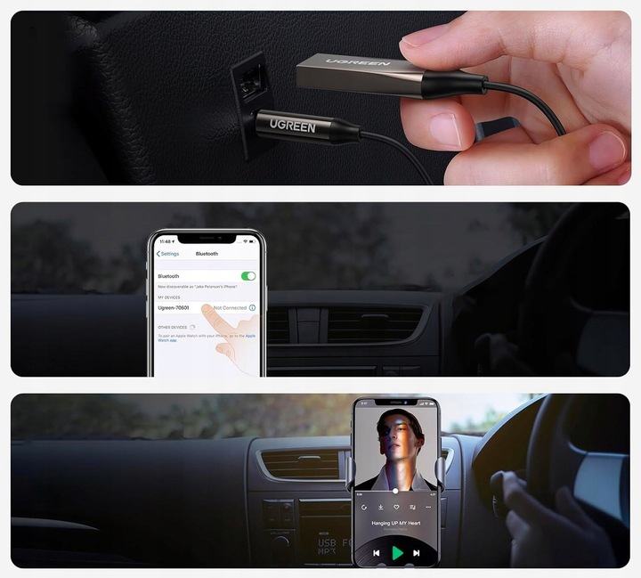 UGREEN TRANSMITER ADAPTER SAMOCHODOWY USB BLUETOOTH 5.0 KABEL AUX