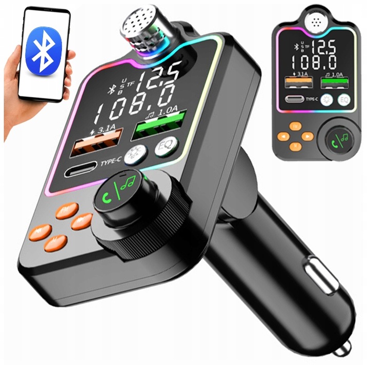 TRANSMITER BLUETOOTH SAMOCHODOWY BT 5.0 ŁADOWANIE QC 3x USB RGB AUDIO