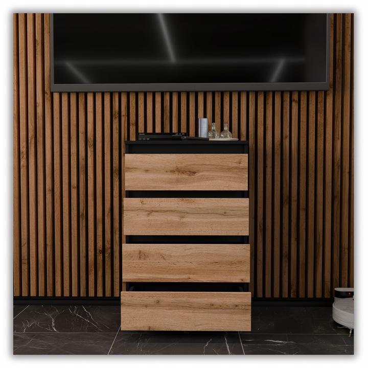 KOMODA Z SZUFLADAMI CZARNA DĄB WOTAN 60CM NOWOCZESN POJEMNA SZAFKA RTV