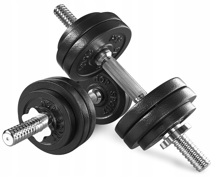 Hantle żeliwne 2x15kg zestaw z przedłużanym gryfem ryflowanym +