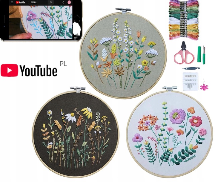 ZESTAW DO HAFTOWANIA 3 SZT HAFT DIY 16x IGŁA OBRĘCZ 20 CM WZORY VIDEO