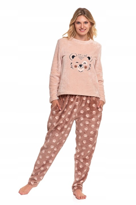 CIEPŁA PIŻAMA DWUCZĘŚCIOWA DAMSKA DŁUGA PLUSZOWA WZÓR MISIA MORAJ R.S