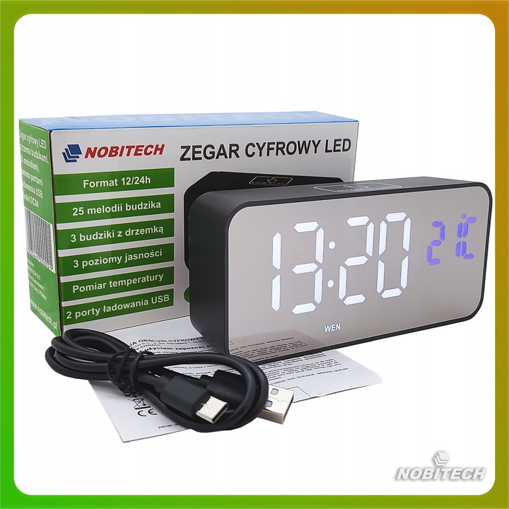 BUDZIK ZEGAR ELEKTRONICZNY LED GŁOŚNY STOJĄCY TEMPERATURA DATA + KABEL