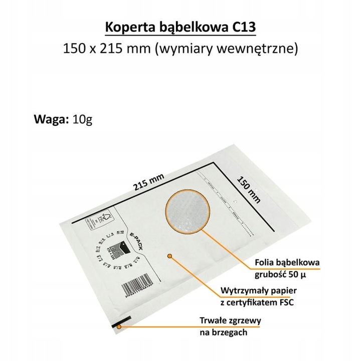 Koperty bąbelkowe C13 225x170 E-Pack BIAŁE FSC HURT x100