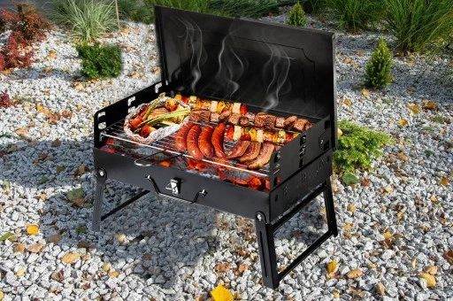 GRILL WĘGLOWY OGRODOWY PRZENOŚNY TURYSTYCZNY WALIZKA + RUSZT + AKCESORIA