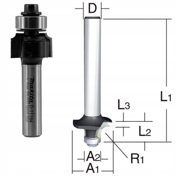 MAKITA Frez do zaokrągleń R2 trzpień 8 mm D-11184 z łożyskiem 16,7mm