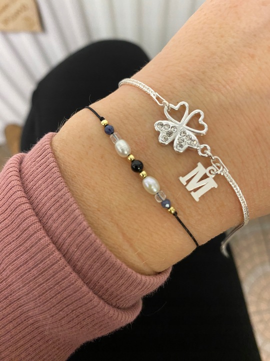 Srebrna bransoletka koniczynka na szczęście LITERKA cyrkonie PUDEŁKO SREBRO