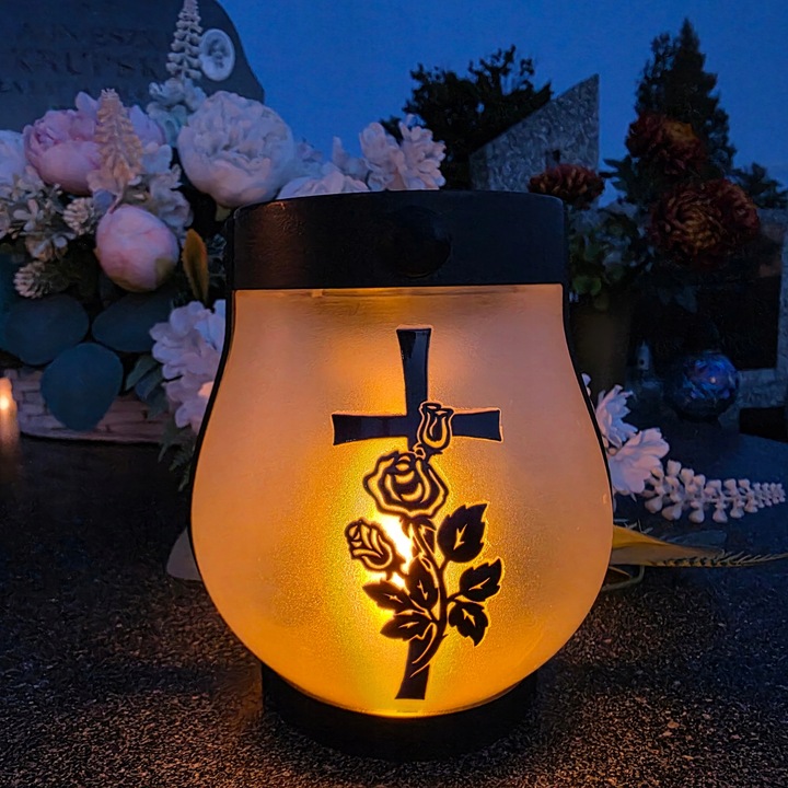 ZNICZ SOLARNY LED LAMPION NA GRÓB STATUETKA NA CMENTARZ RÓŻA KRZYŻ NAGROBNY