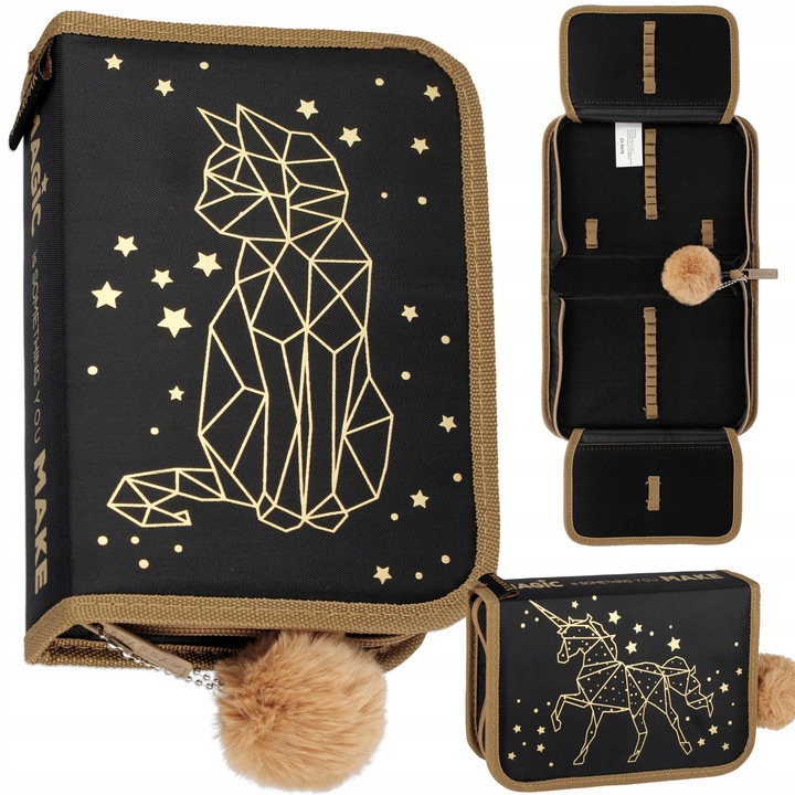 TORNISTER SZKOLNY PLECAK DLA DZIEWCZYNKI ZŁOTY KOTEK FUTERKO 5 elementów