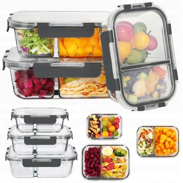 LUNCHBOX POJEMNIK SZKLANY NA ŻYWNOŚĆ ZESTAW 3SZT DWUKOMOROWE HERMETYCZNE