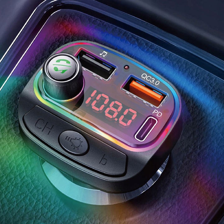 Transmiter bluetooth FM samochodowy SZYBKA ładowarka PD 24W QC3.0 USB-C RGB