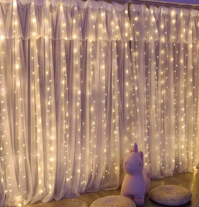 KURTYNA ŚWIETLNA 200 LED DRUCIKI 2x2m BIAŁY CIEPŁY 200L USB PILOT