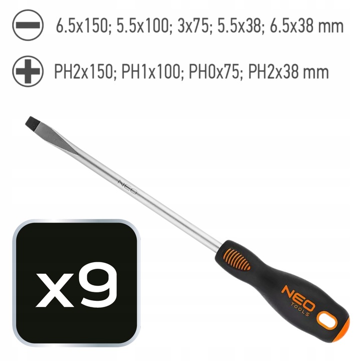NEO TOOLS Zestaw Wkrętaków Śrubokrętów 9 szt. Płaskie i Krzyżowe