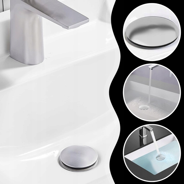 KOREK UMYWALKOWY AUTOMATYCZNY KLIK KLAK AUTO BEZ PRZELEWU SREBRNY