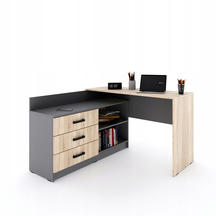 Funkcjonalne biurko narożne Omega - 3 szuflady - grafit / dąb artisan