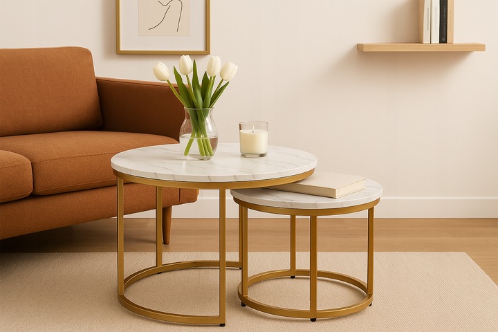 STOLIKI KAWOWE ZESTAW 2w1 ROZKŁADANE DO SALONU GLAMOUR MARMUR BIAŁY