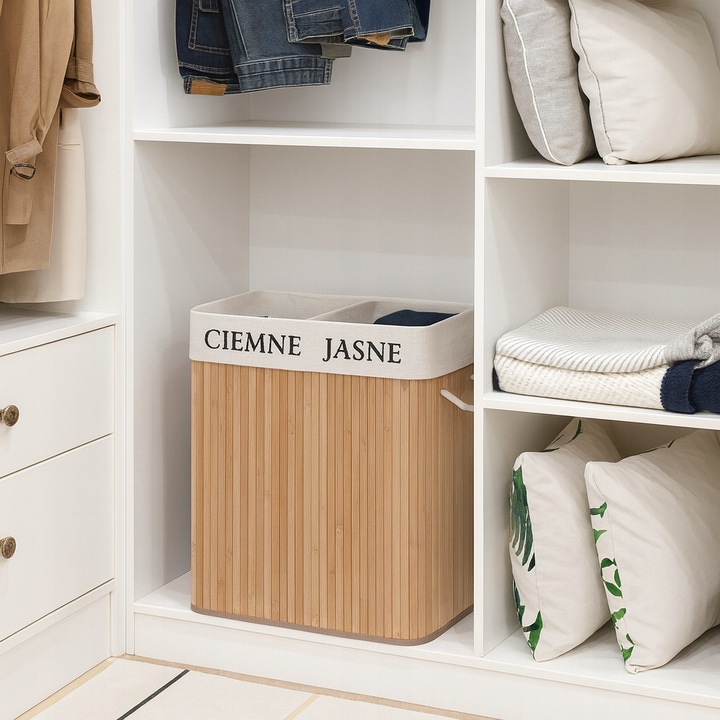 KOSZ BAMBUSOWY NA PRANIE BIELIZNĘ ZAMYKANY DWUKOMOROWY POJEMNIK WĄSKI 100L