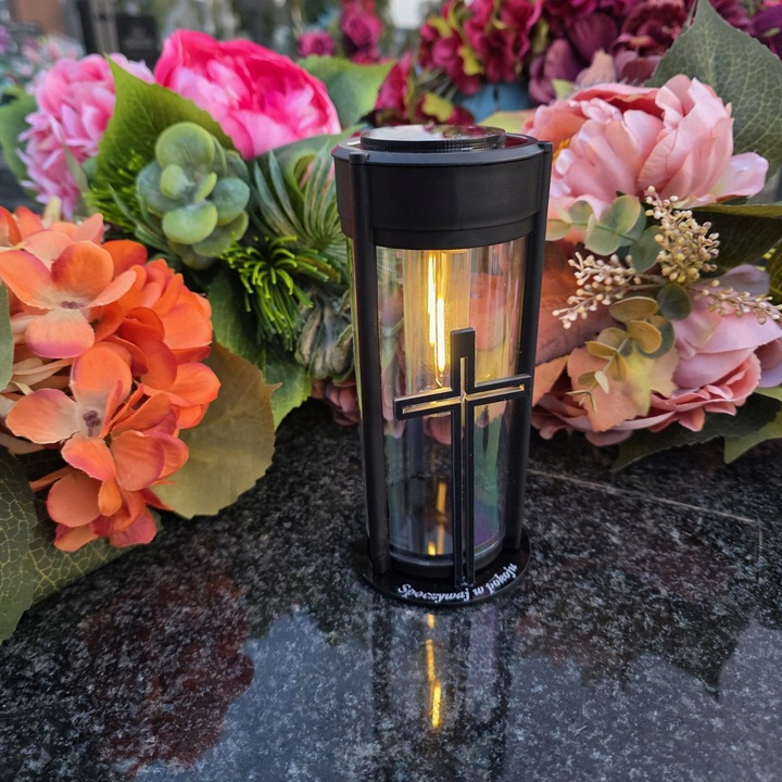 ZNICZ SOLARNY LED LAMPION NA GRÓB STATUETKA NA CMENTARZ Z KRZYŻEM