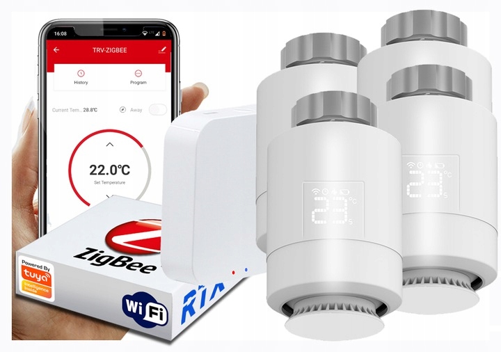 4x Głowica RTX Termostat + Bramka Zigbee WiFi Tuya SET