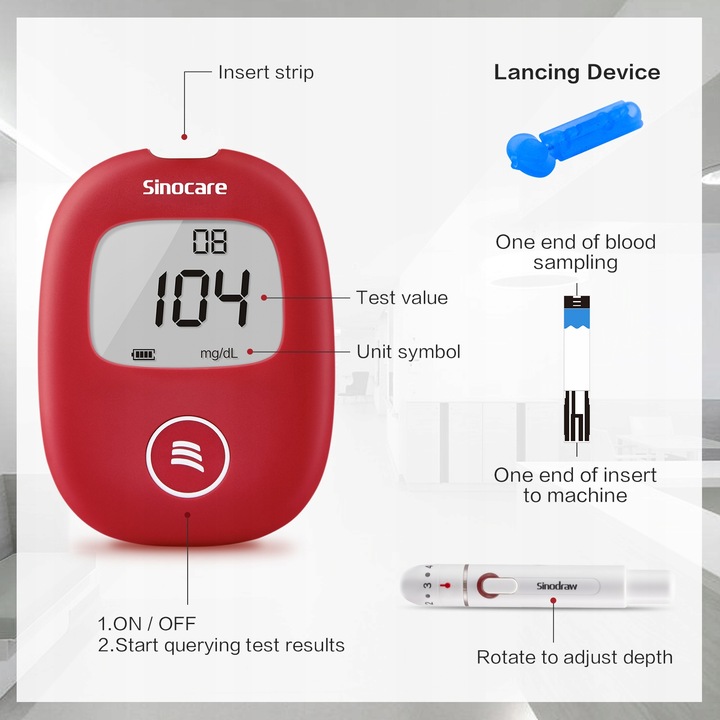 Glukometr Sinocare SAFE AQ SMART w mg/dl z 25 paskami i 25 lancetami