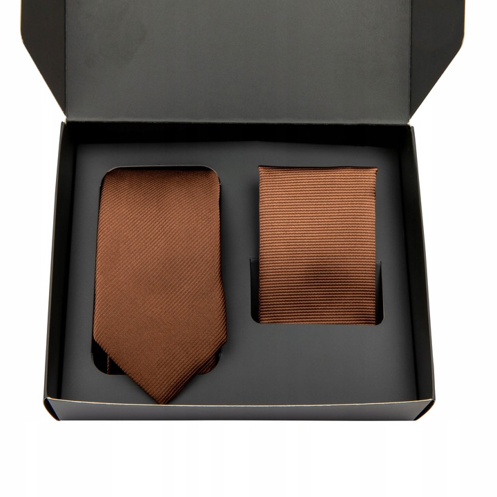 KRAWAT męski brązowy gładki + POSZETKA brązowa prążek + PUDEŁKO