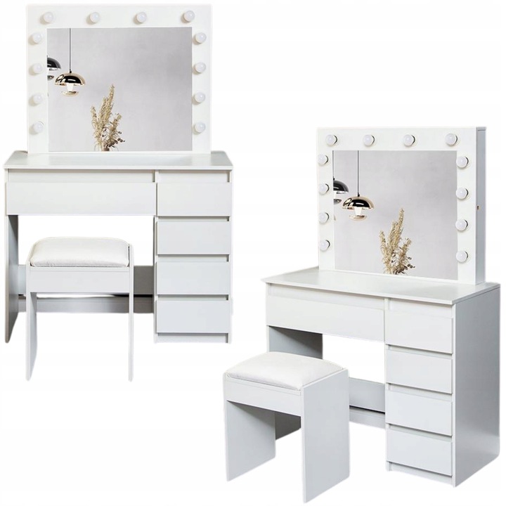 TOALETKA KOSMETYCZNA BIAŁA Reha M z OŚWIETLENIEM Z LUSTREM LED TABORETEM