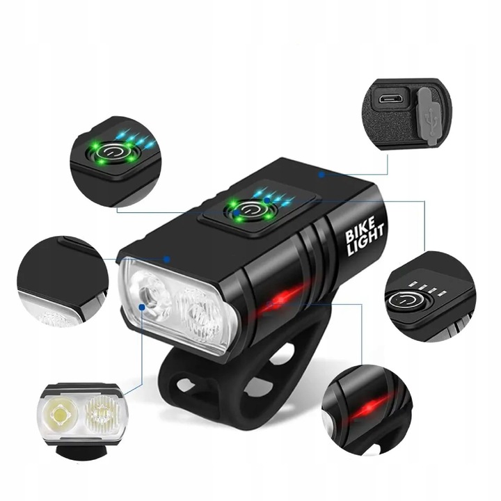 LAMPKA ROWEROWA LED MOCNA TYŁ PRZÓD ŚWIATŁO NA ROWER KIEROWNICĘ USB 800lm