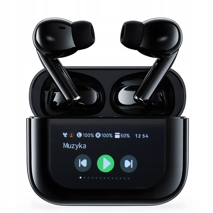 Słuchawki Bezprzewodowe Douszne PRO Lekkie ANC Mikrofon Czarne Wyświetlacz