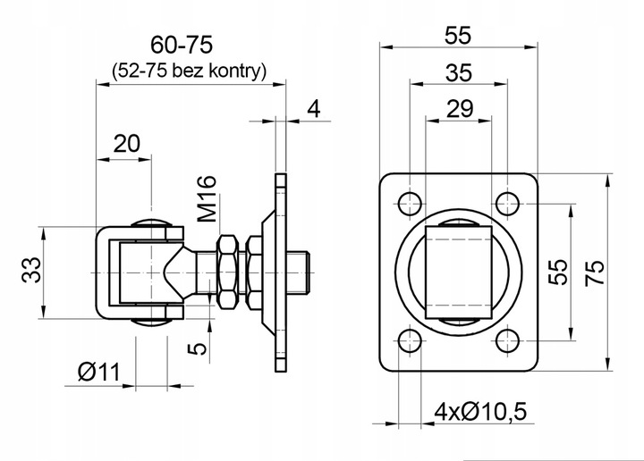 ZAWIAS DO FURTKI BRAMY REGULOWANY DO PRZYKRĘCENIA M16 Z PŁYTĄ 75X55 MM
