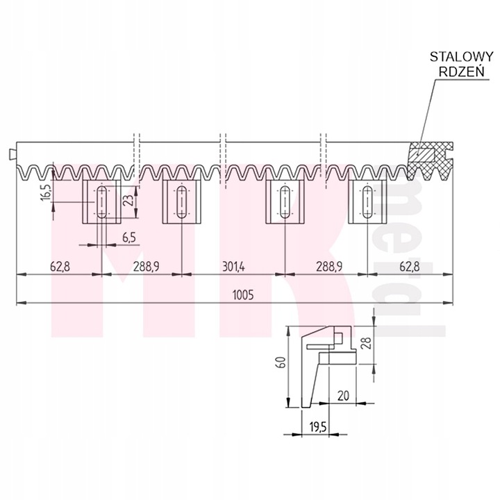 Listwa zębata do bramy przesuwnej szyna stalowy rdzeń 300kg nylon