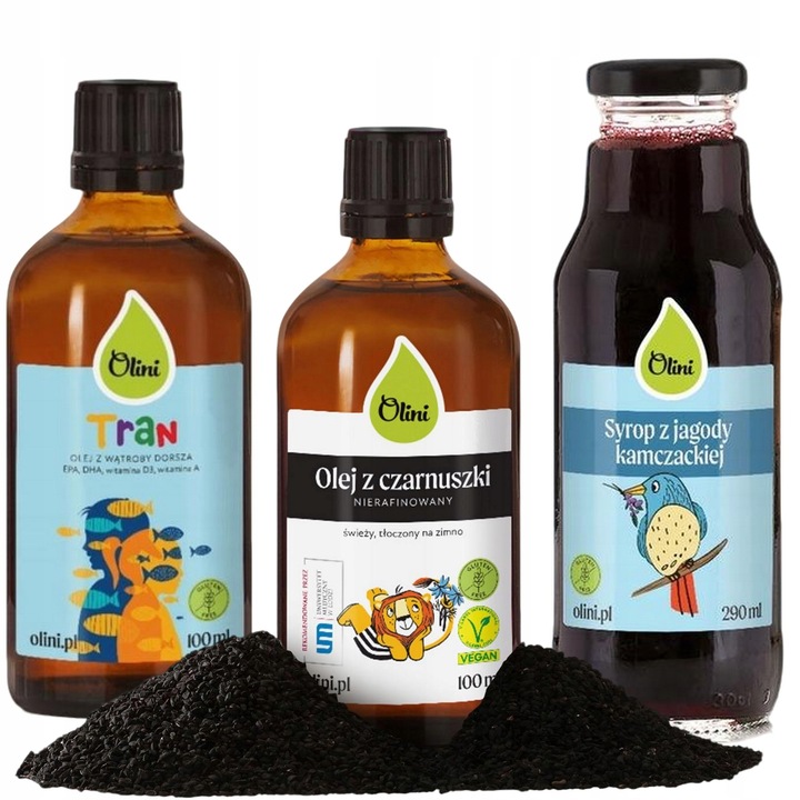Olej z czarnuszki dla dzieci + Tran dla dzieci + syrop z jagody kamczackiej