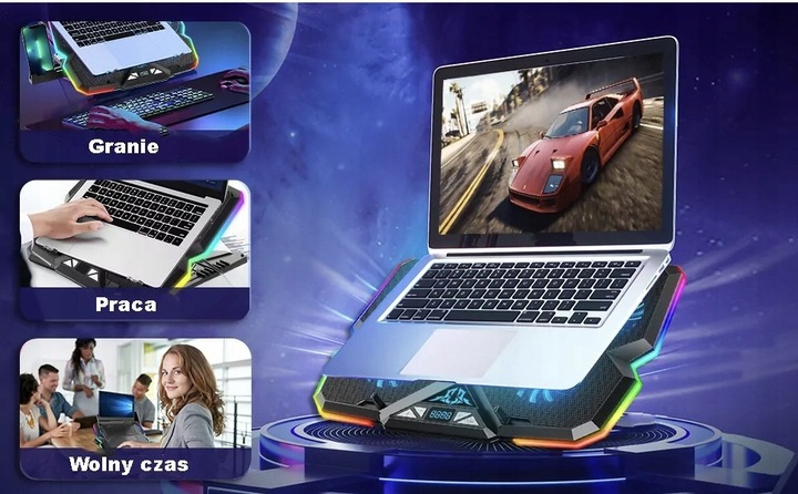 PODSTAWKA PODKŁADKA CHŁODZĄCA POD LAPTOPA PODŚWIETLANA + UCHWYT NA TELEFON