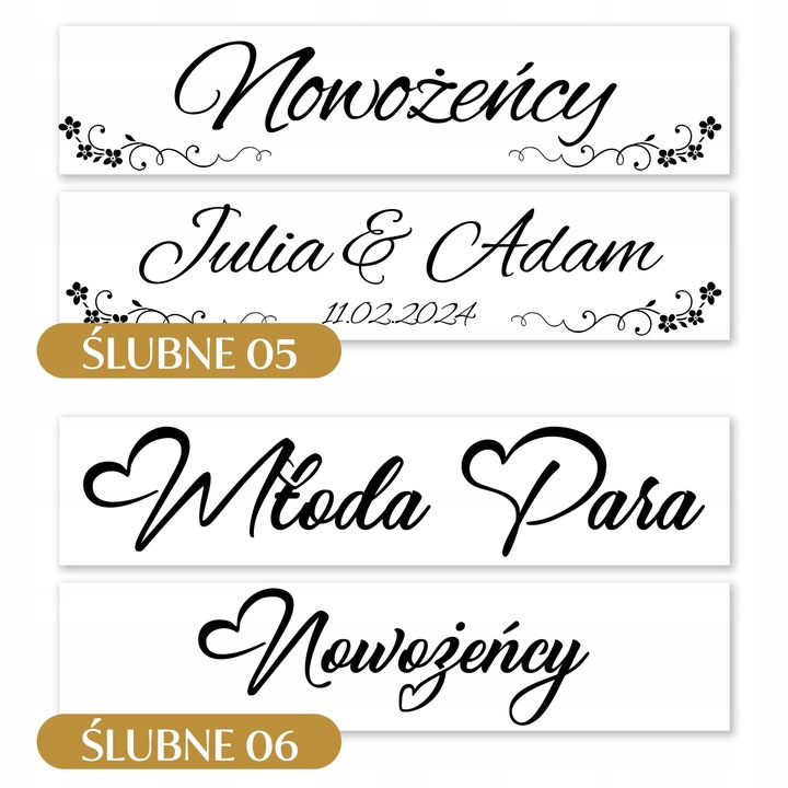 Tablice samochodowe na wesele 50x11cm złote czarne napisy ŚLUB WESELE WZORY