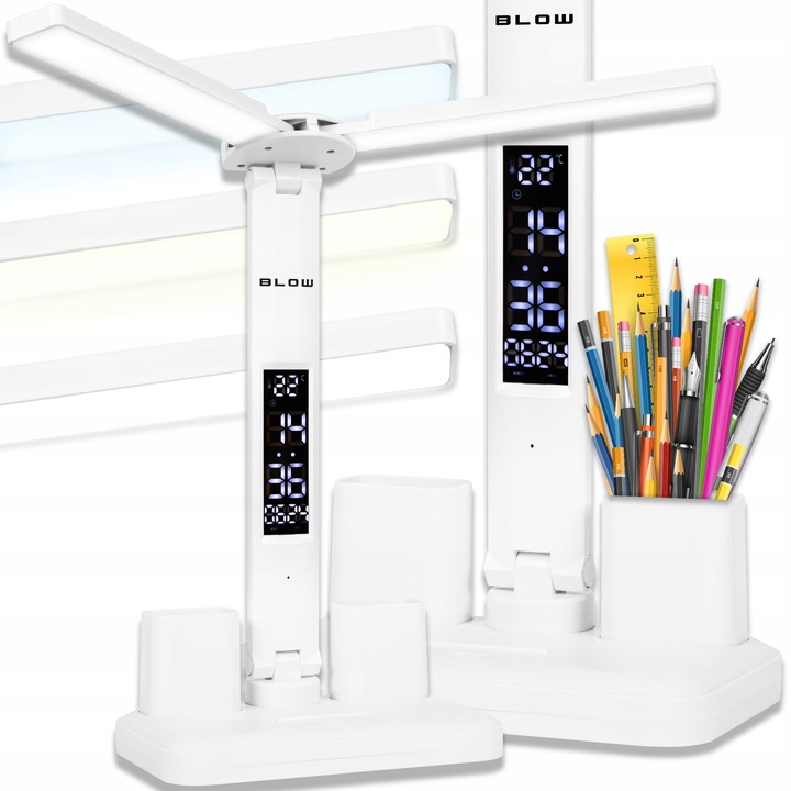 PODWÓJNA LAMPKA BIURKOWA LED Z WYŚWIETLACZEM ZEGAR DATA ORGANIZER TEMP