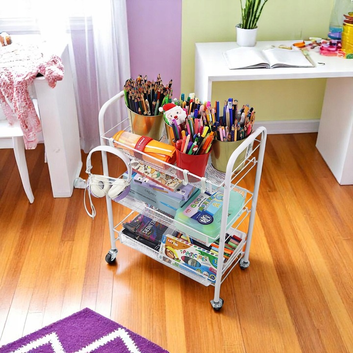 Metalowy wózek wielofunkcyjny 3-poziomowy z kółkami biały regał szafka