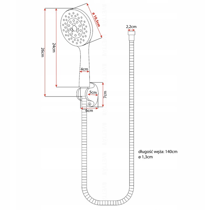 ZESTAW PRYSZNICOWY słuchawka wąż uchwyt 5 TRYBÓW pod prysznic MOC