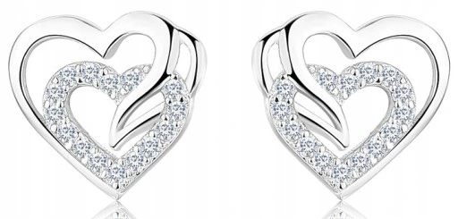 SREBRNE KOLCZYKI 925 WKRĘTKI SERCA DLA KOBIETY, KOLCZYKI SZTYFTY SREBRO 925