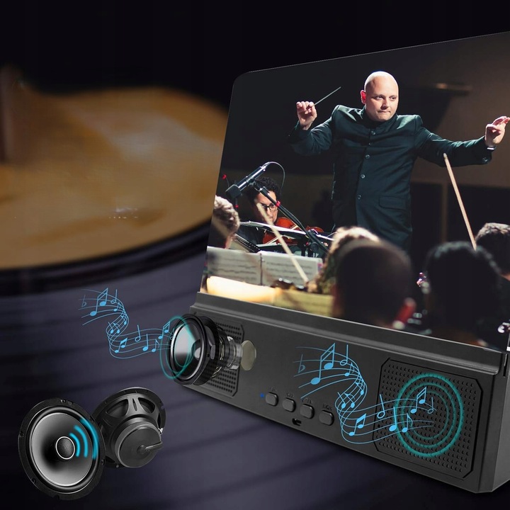 Szkło Powiększające Lupa 3D Ekran 12 Głośnik Bluetooth 2w1 Składany Uchwyt